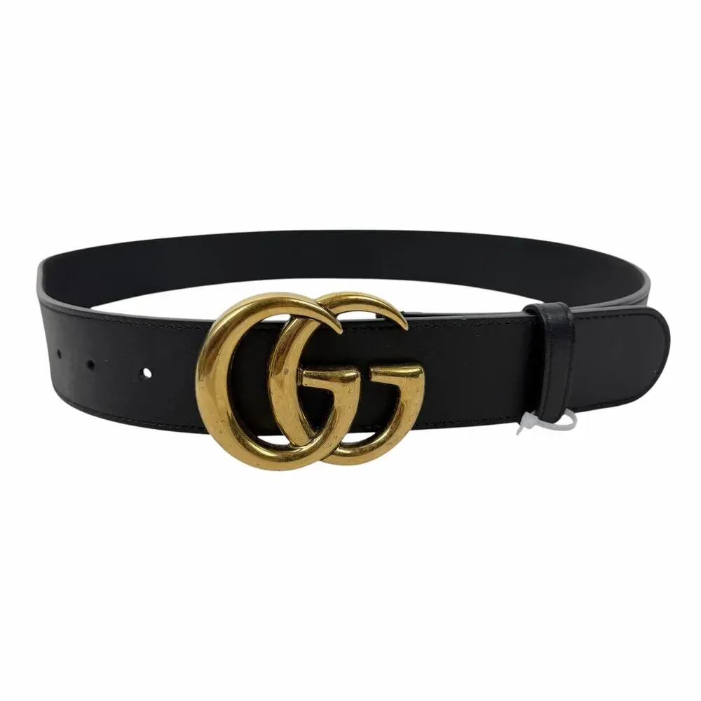 Gucci GG Logo Marmont Wide Leather Belt Black Gold Buckle Size 90/36